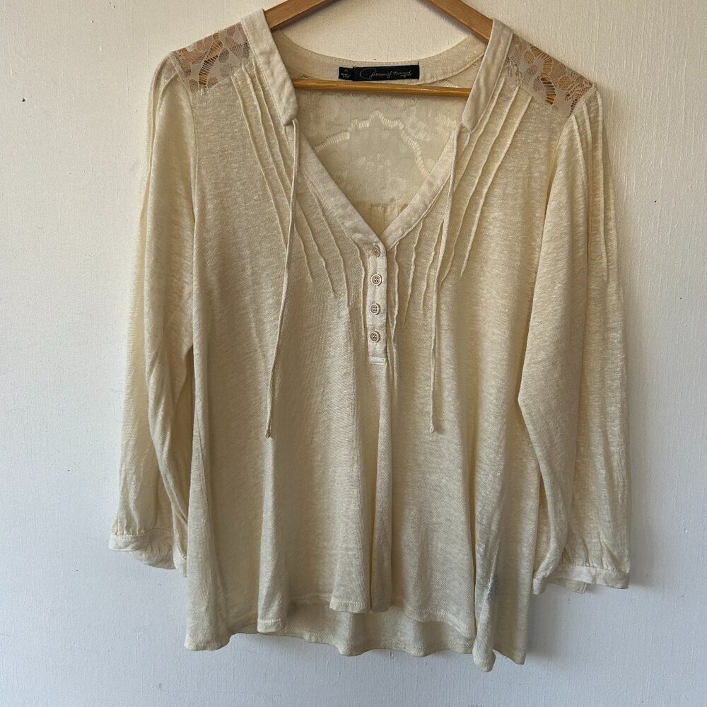 Patterson Kincaid Linen Blouse Womens Medium Cream Lace V-neck Made in USA FLAW